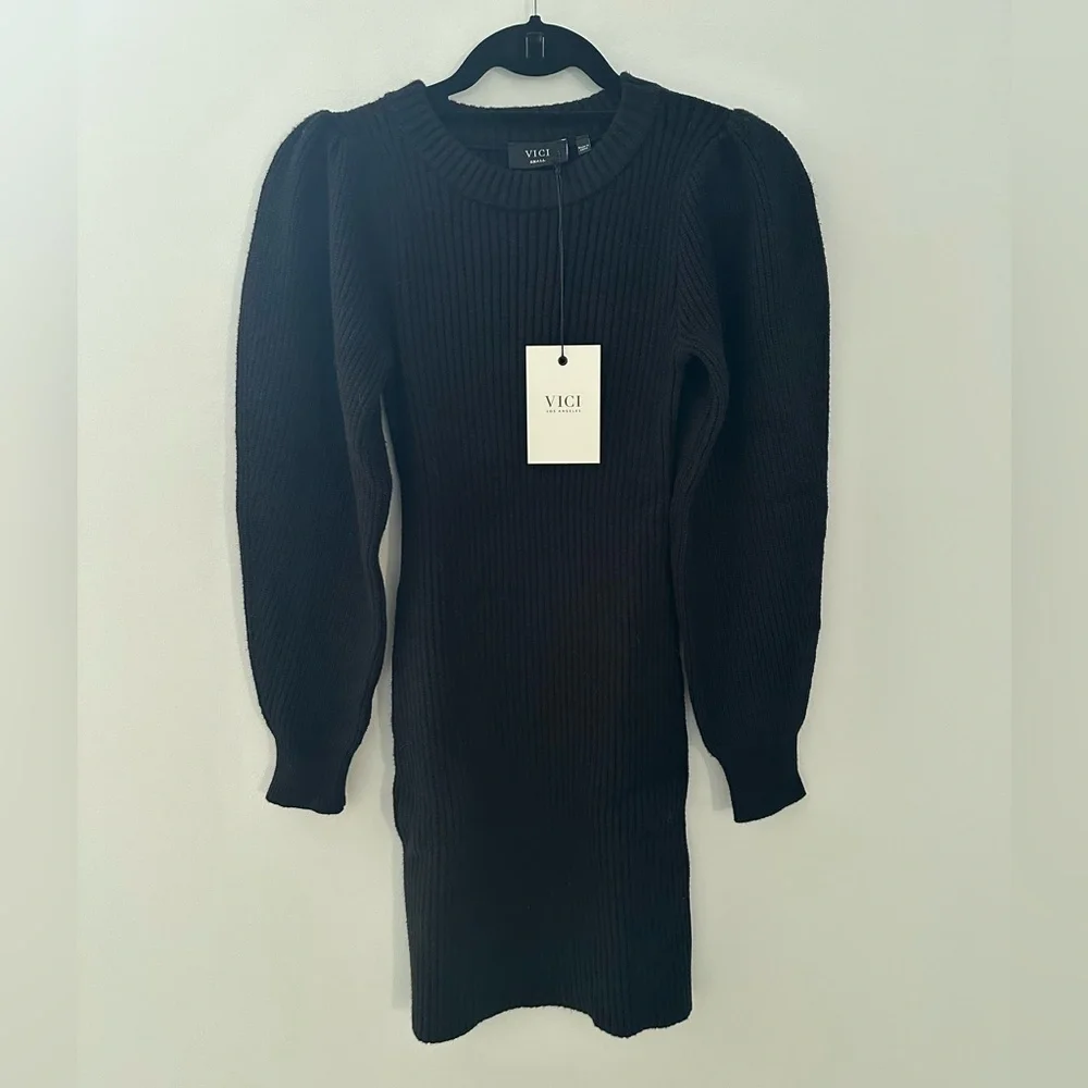 NWT! Vici Black Ribbed Puff Sleeve Sweater Dress - Picture 6 of 10